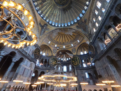 Hagia Sophia ground floor with massive chandeliers.